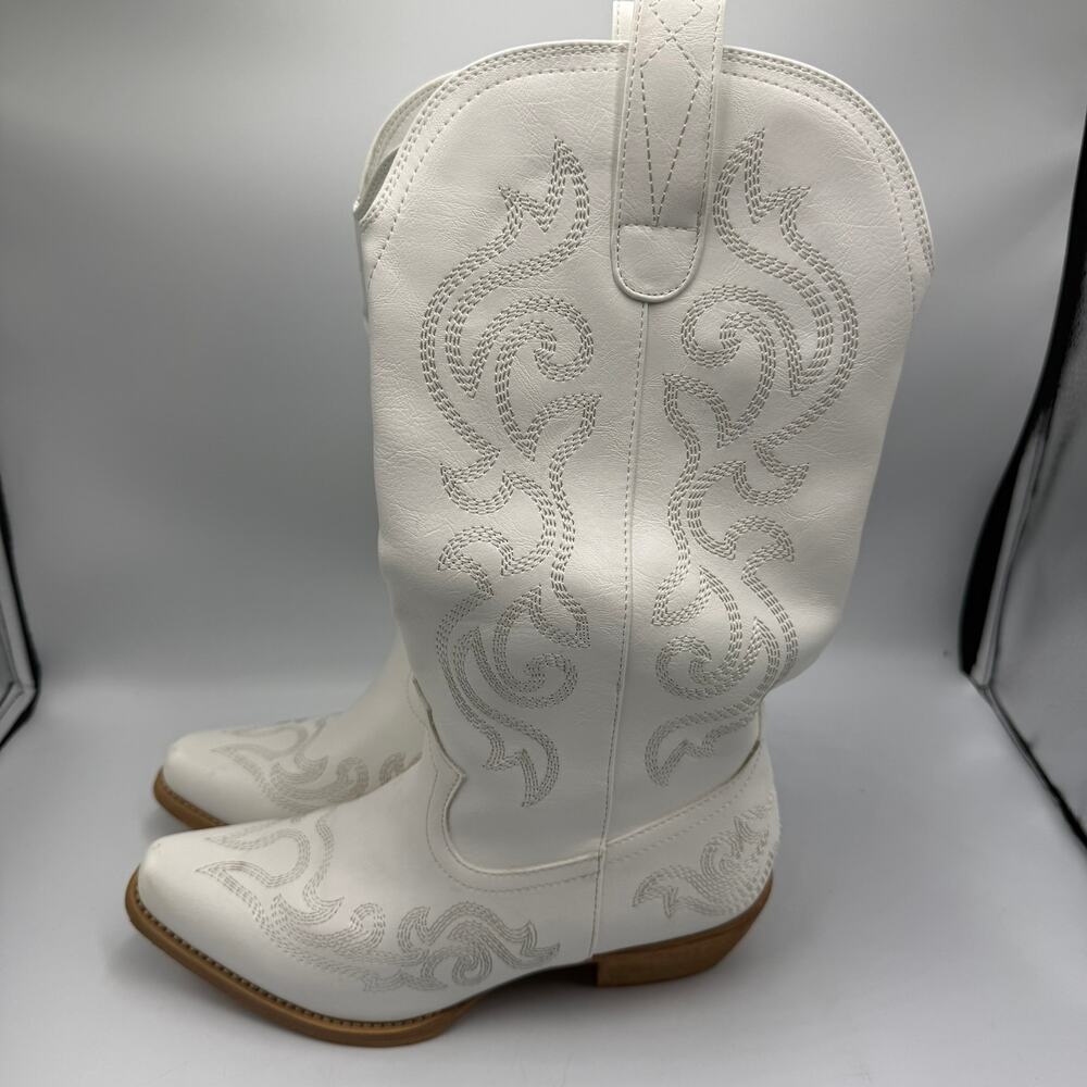 Rollda Western Cowgirl Tall Boots Women's Size US 8.5 White Embroidered NZX04